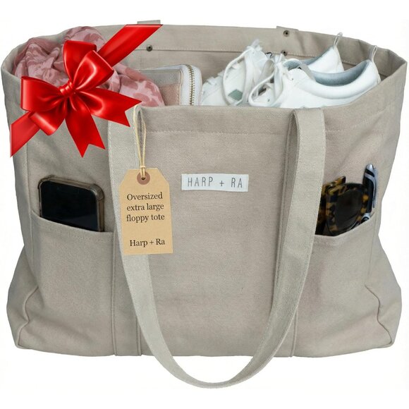 Harp + Ra Oversized Large Canvas Tote bag for Women - Open Top Laptop Sleeve P